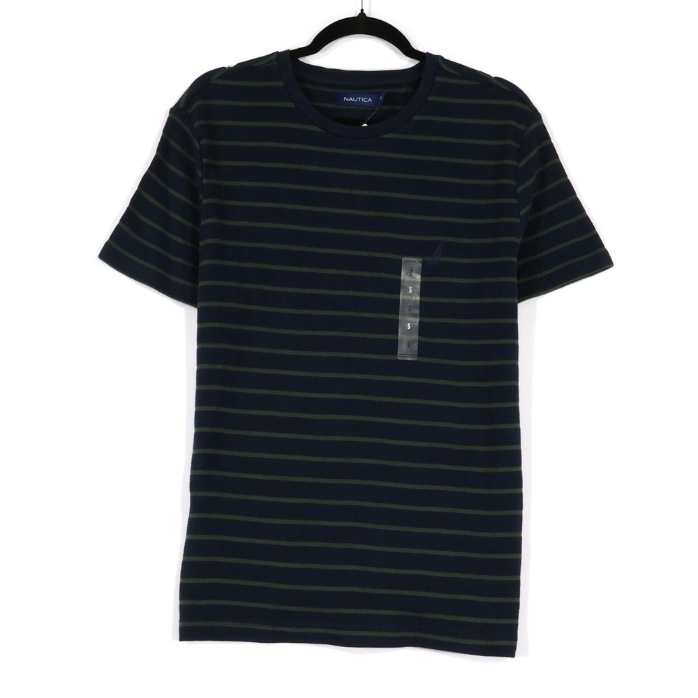 Nautica T-Shirt Mens Small Blue Green Striped Ribbed Crew Neck Classic Rugby NWT